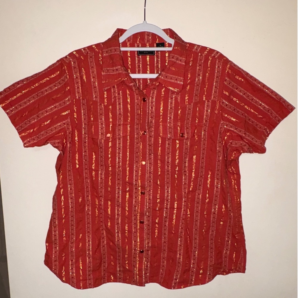 Bit & Bridle Metallic Stripe Pearl Snap Western‎ Cowgirl Shirt Red Gold